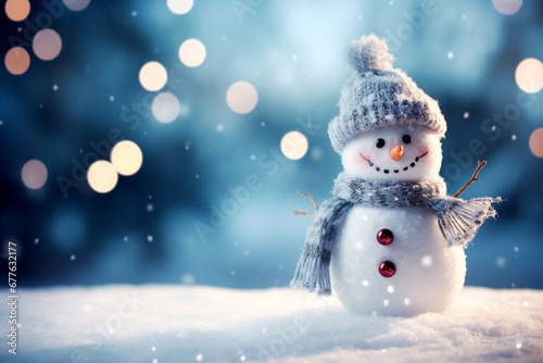 Cute Toy Snowman in Hat and Scarf with Carrot Nose in Soft Snowfall. Snowflakes Background. Merry Christmas and Happy New Year Greeting Card. AI Generative