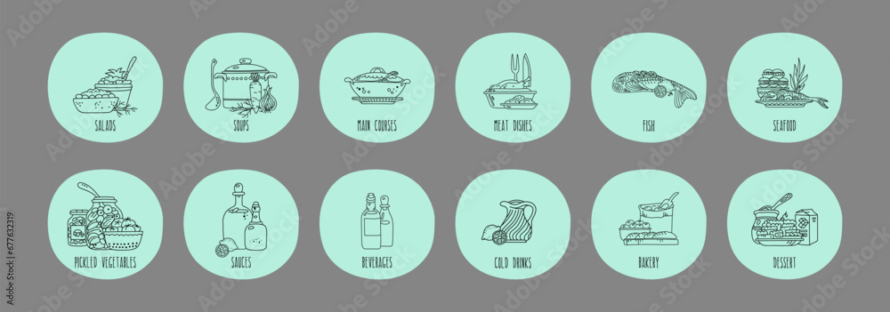 Set of round hand drawn labels for menu or cookbook. Vector illustration Set of round hand drawn labels for menu or cookbook. Vector illustration