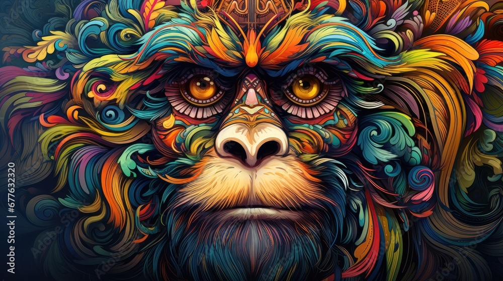  a colorful monkey's face with large eyes and a beard is featured in this colorful, psychedelicly - designed illustration of a monkey's face with a variety of colors.  generative ai