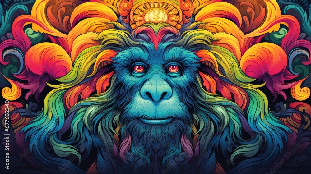  a colorful monkey's face with a sun in the middle of it's head and a flower in the middle of its head, on a black background is a multi - colored background.  generative ai