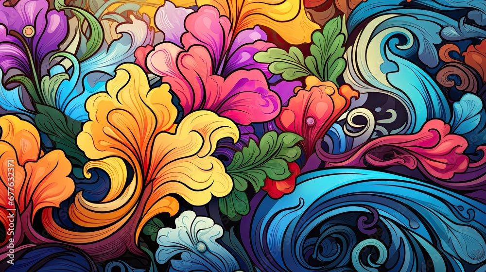 a painting of colorful flowers with swirls and swirls on the bottom and bottom of the image on the bottom of the image a painting of colorful flowers with swirls and swirls on the bottom and bottom of the image on the bottom of the image