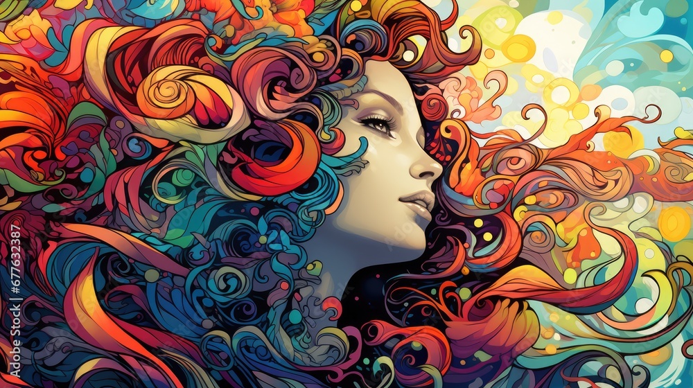  a painting of a woman's face with multicolored swirls and bubbles on the background of the image is a woman's head with her hair blowing in the wind.  generative ai