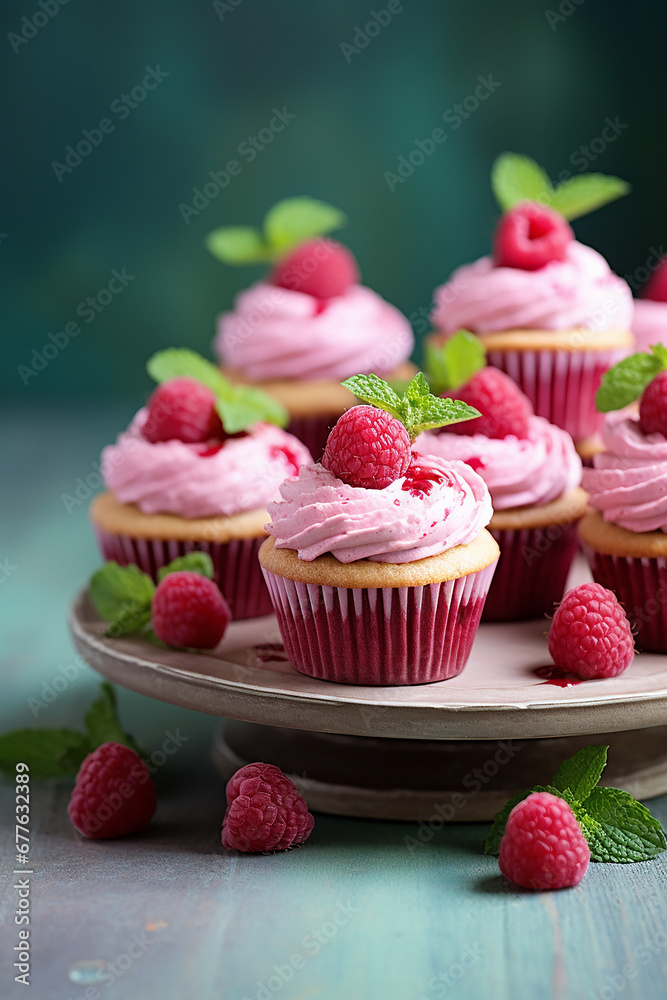 Raspberry cupcakes. Generative AI.