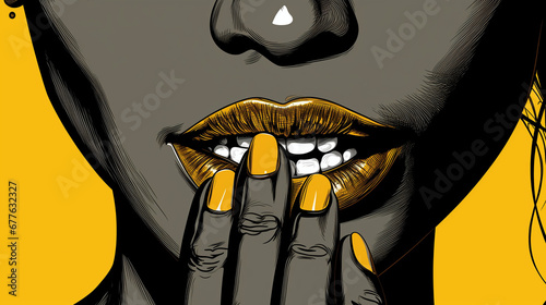 portrait glamour d'une belle femme noire avec la main devant la bouche, rouge à lèvre et ongles manucurés photo