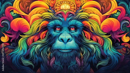  a colorful monkey's face with a sun in the middle of it's head and a flower in the middle of its head, on a black background is a multi - colored background. generative ai