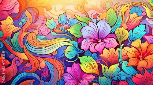  a painting of colorful flowers and swirls on a blue, yellow, pink, orange, and red background with swirls and swirls on the bottom right side of the image. generative ai