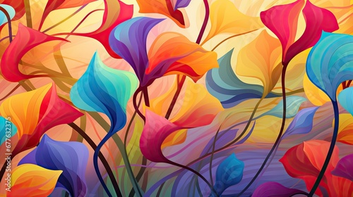  a painting of a bunch of flowers in a field of red, yellow, blue, and purple flowers with a green stem in the center of the painting is a multi - colored background. generative ai
