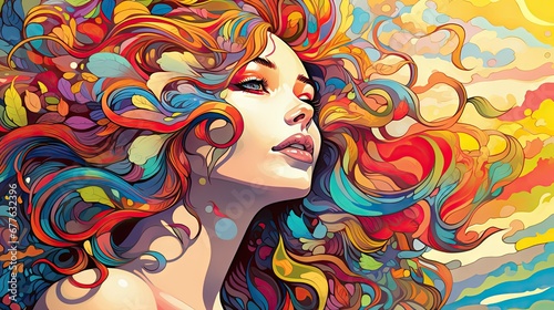  a painting of a woman's face with multicolored hair on a yellow, blue, red, orange, and yellow background with bubbles of water and clouds. generative ai