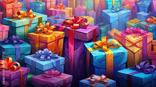  a group of colorful wrapped presents sitting next to each other on top of a pile of blue and purple boxes with yellow and red bows on top of the boxes. generative ai