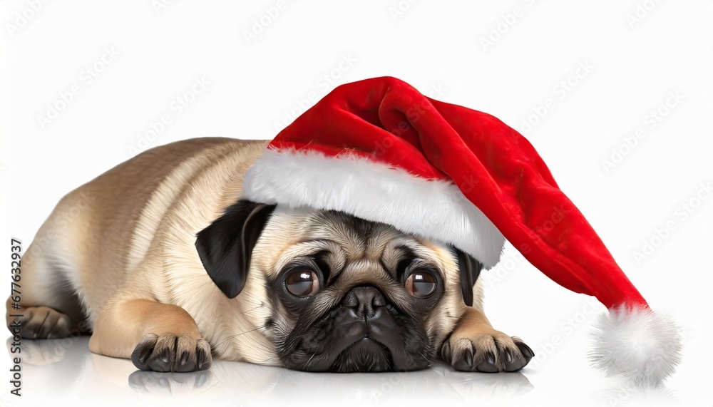 Cute pug wearing Santa hat