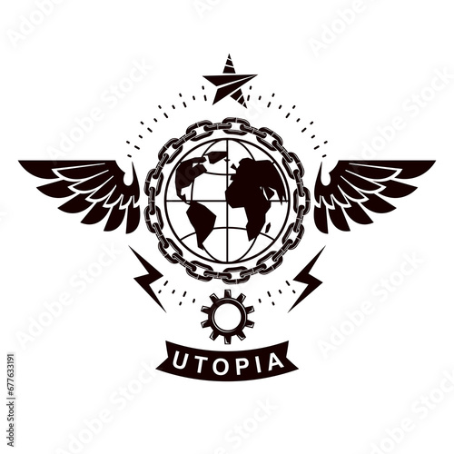 Vector emblem composed using Earth globe surrounded with industrial gear and decorated using pentagonal star. Proletarian social revolution abstract symbol, totalitarian utopia.