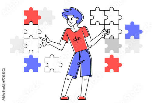 Young person combining puzzles and creating a system, vector outline illustration, connect pieces together.