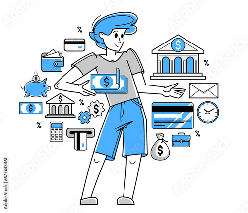 Banking vector outline illustration, manager working with finances or customer manages his account with deposit or credit, personal savings.
