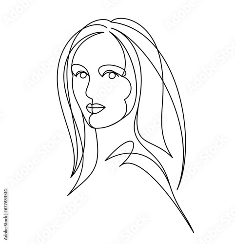 Beautiful face of attractive woman vector linear drawing, sensitive emotional line art adult girl portrait, feminine abstract face line art.