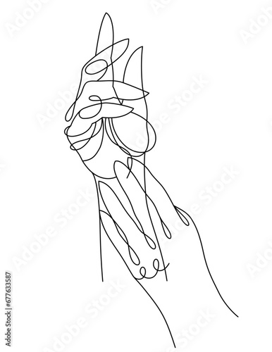 Skin care beautiful woman hands using cream or lotion, vector line art illustration isolated, clear healthy skin concept.