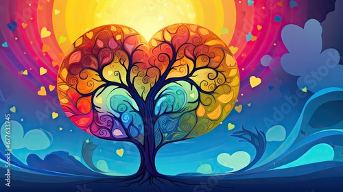  a painting of a tree in the shape of a heart with colorful swirls and hearts coming out of the leaves on a dark blue background with a yellow sun. generative ai