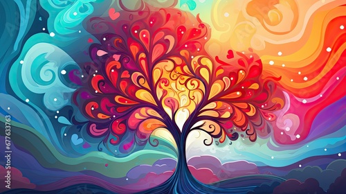  a painting of a colorful tree in the middle of a night sky with stars and swirls on the top of the tree is a swirly swirly background.  generative ai