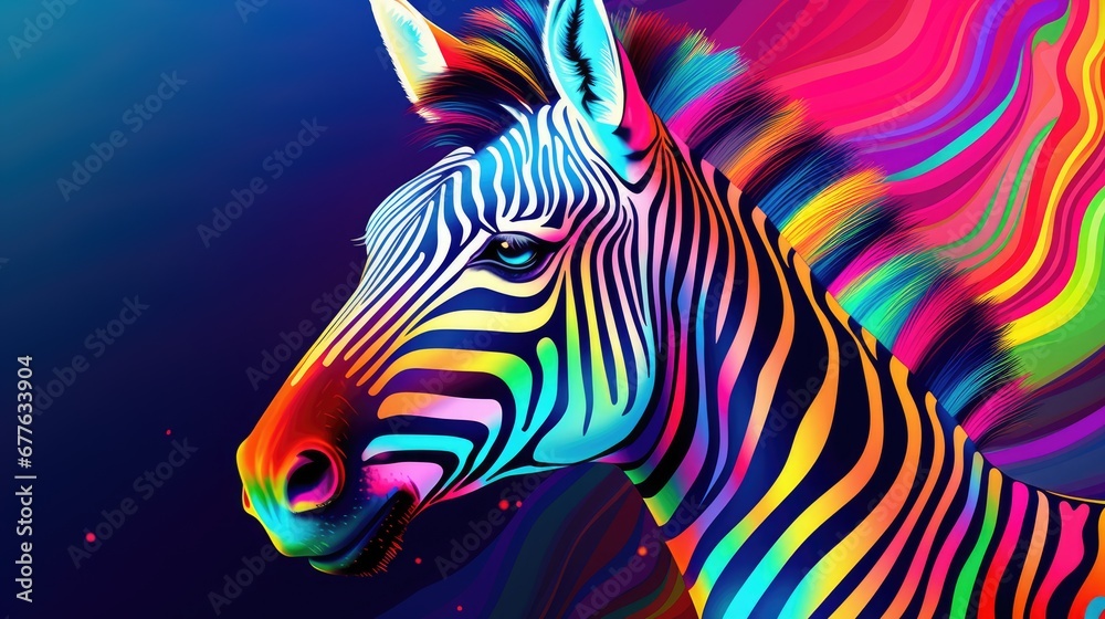  a close up of a zebra's face with a multicolored pattern on the side of it's face and it's head, with a black background.  generative ai