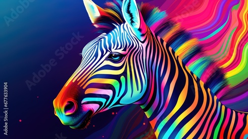  a close up of a zebra's face with a multicolored pattern on the side of it's face and it's head, with a black background. generative ai