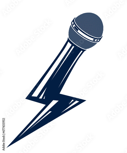 Microphone in a shape of lightning, mic like a bolt, breaking news concept, rap battle rhymes music, karaoke singing or standup comedy, vector logo or illustration.