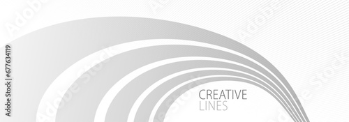 Lines in perspective vector abstract background in light grey and white monochrome, 3D dimensional stripes with smooth gradient and wavy motion.