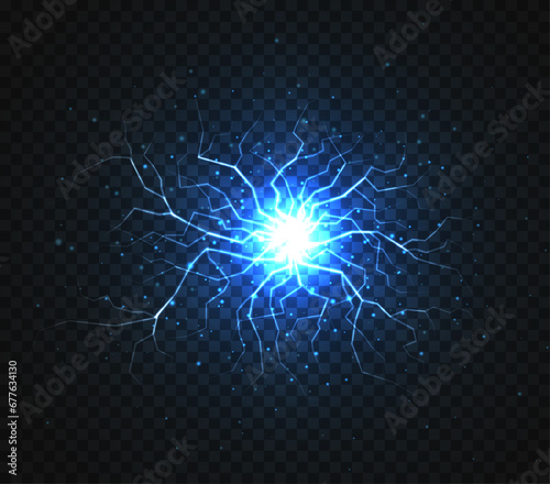 Electric balls and lightning strikes. Lightning flash light thunder spark effect.