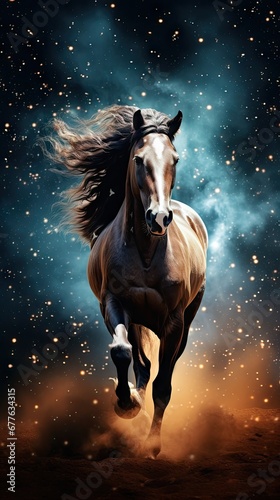  a horse is galloping through the dust in front of a night sky filled with stars and a star filled sky behind it is a full of dust and stars.  generative ai