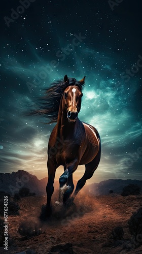  a horse is galloping through the desert under a night sky with stars and the moon in the sky and the stars in the sky above the horse is running.  generative ai