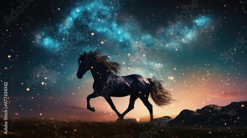  a painting of a horse running through a field with a sky full of stars in the background and a night sky full of stars in the middle of the sky.  generative ai © Shanti