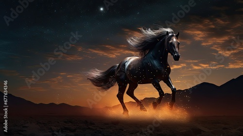  a horse is galloping through the desert under a night sky with a star filled sky and mountains in the background, with a bright orange glow from the sun shining on the horse's tail. generative ai