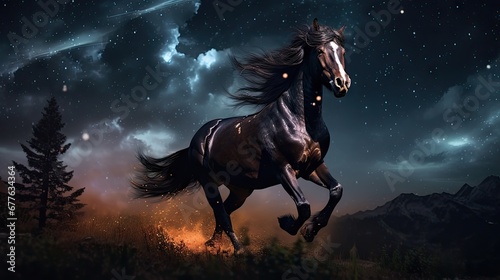  a horse is galloping through a field under a night sky with stars and a full moon in the sky, with trees and mountains in the foreground, the foreground is a.  generative ai © Shanti