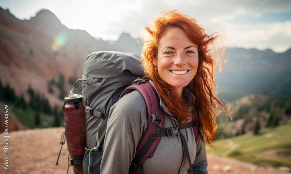 Female hiker traveling, walking alone Italian Dolomites under sun, Woman traveler enjoys with backpack hiking in mountains.