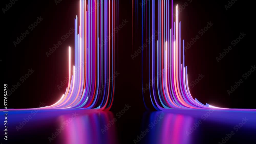 looped 3d animation. Abstract background. Blue pink neon stripes and ribbons appear chaotically, glide along a curved path from bottom to top and disappear, moving from center to the sides in slowmo