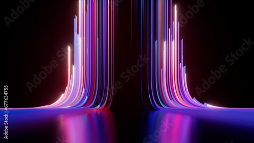 looped 3d animation. Abstract background. Blue pink neon stripes and ribbons appear chaotically, glide along a curved path from bottom to top and disappear, moving from center to the sides in slowmo photo