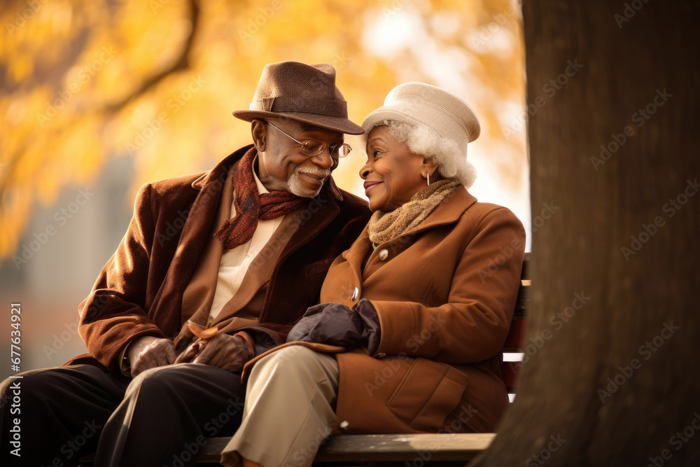 Happy African American elderly couple sitting on park bench against autumn landscape background Happy African American elderly couple sitting on park bench against autumn landscape background
