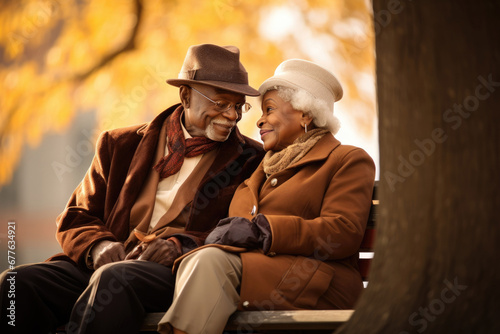 Happy African American elderly couple sitting on park bench against autumn landscape background