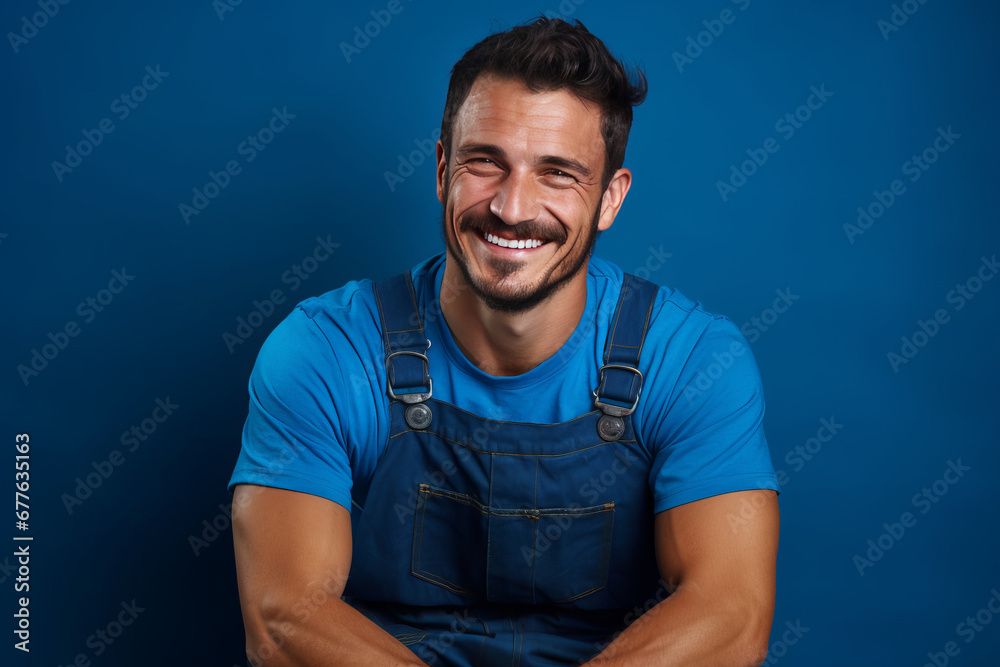 Smiling man in overalls. Portrait of an auto mechanic on a plain blue background. AI generative Smiling man in overalls. Portrait of an auto mechanic on a plain blue background. AI generative