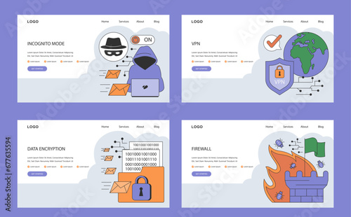 Data privacy web banner or landing page. Cyber or web security. Database safety. Protection of the internet access and anonymity. Cyber attack or malware prevention. Flat vector illustration