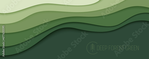 Deep forest green waves, paper art banner. Nature greenery color poster template in papercut style. Vector illustration EPS 10.