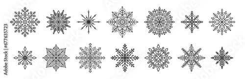 Snowflakes icons set. Hand drawn winter ice decoration elements. Vector illustration of black line snowflake shapes on a white background.