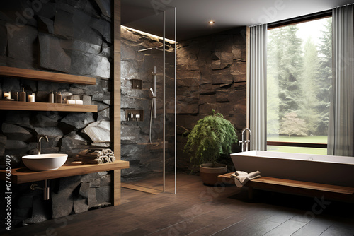 modern bathroom interior with window trendy design spa and relaxation concept © Lena_viridis