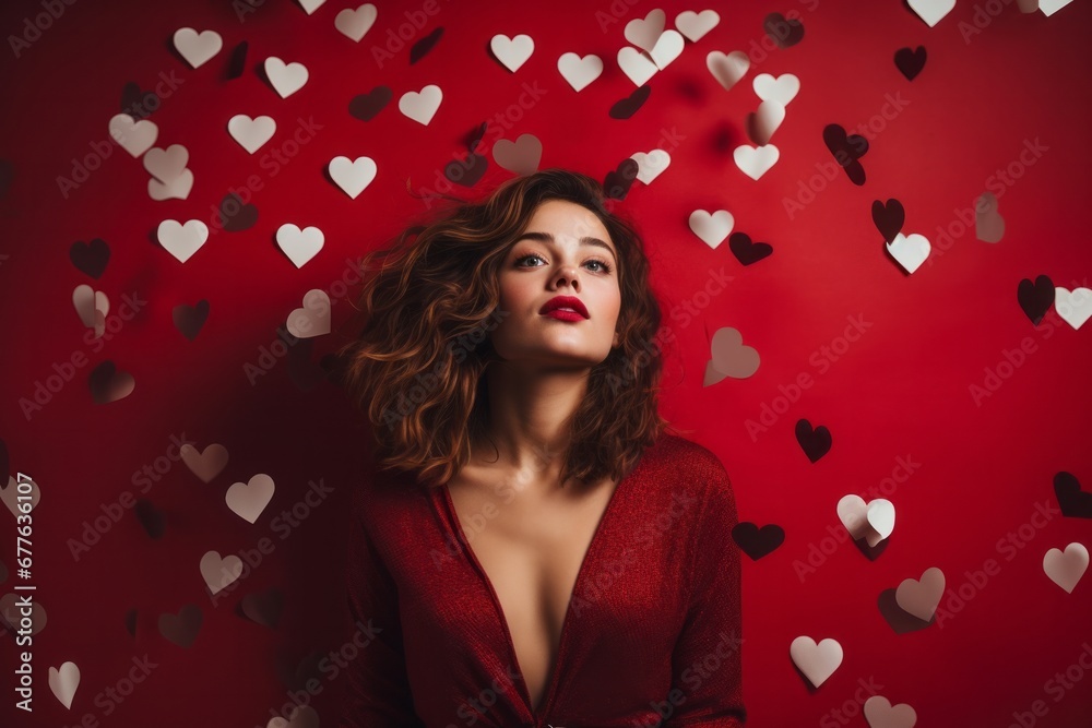 Portrait of a beautiful girl in a red dress on a red background with hearts. Portrait of a beautiful girl in a red dress on a red background with hearts.