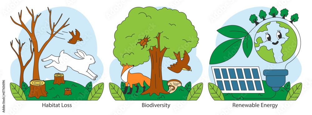 Ecology set. Human influence. Environment pollution, ecotoxicology and invasive species threats. Climate change impact. Biodiversity, renewable energy, sustainability. Flat vector illustration