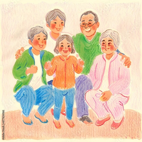  笑顔溢れる祖父母と孫の家族イラスト - AI生成画像