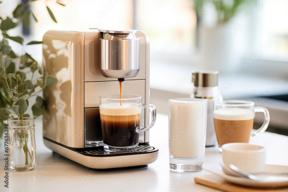 Obraz na płótnie Modern coffee machine with cups on table in kitchen. Modern coffee machine in the process of producing aromatic coffee. w salonie