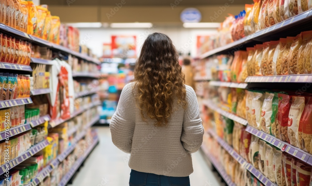 Woman Walking Through Grocery Store Aisle