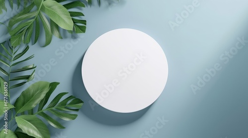 3D white display on blue background. Nature  green leaf shadow. Minimal round frame for. Beauty  cosmetic product presentation. Feminine copy space banner.  Template trendy backdrop 3d  Generative AI
