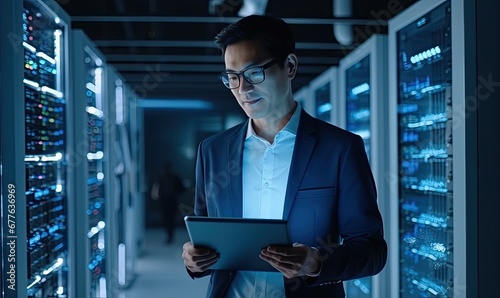 A Man Analyzing Data Amidst Rows of Servers in a High-Tech Data Center
