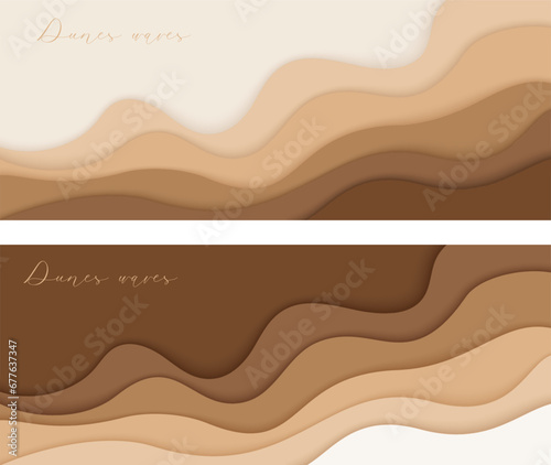Desert waves, sand dunes paper art two banners set, poster templates. Nude beige waves papercut style. Vector illustration EPS 10.