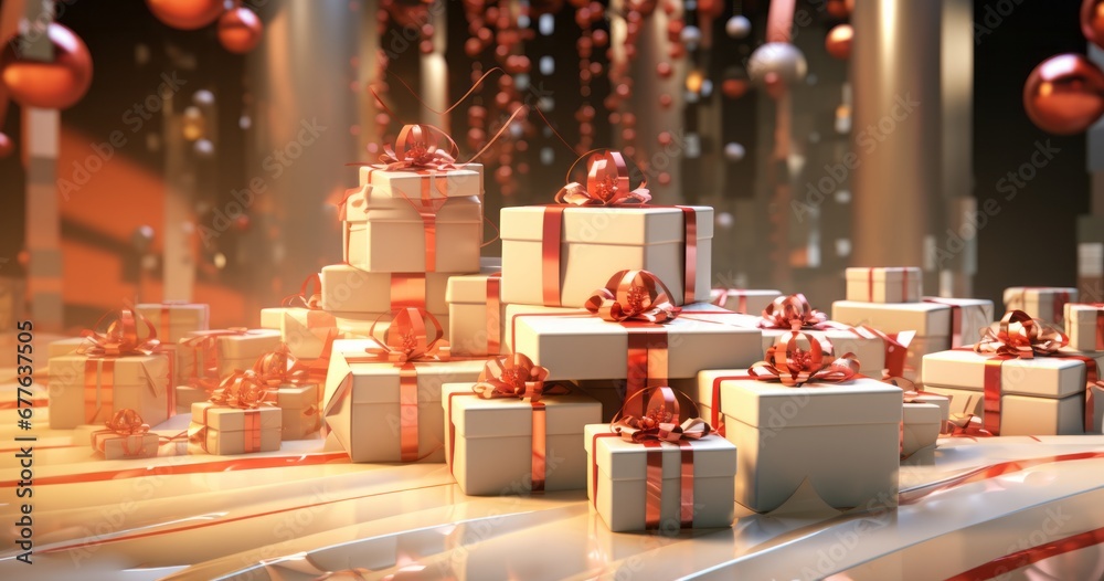 Festive background with scattered gift boxes and red ribbons, warm lighting, holiday concept.